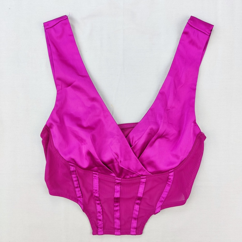 SHEIN Crop Top Women S Magenta Satin Mesh Corset V-Neck Sleeveless Bodice